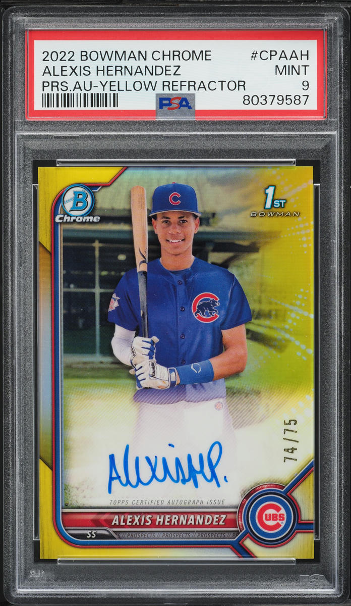 2022 Bowman Chrome Yellow Refractor Alexis Hernandez PROSPECT AUTO /75 PSA 9
