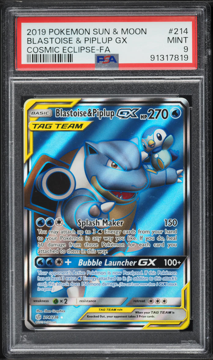2019 Pokemon Sun & Moon Cosmic Eclipse Full Art Blastoise & Piplup GX #214 PSA 9 MINT