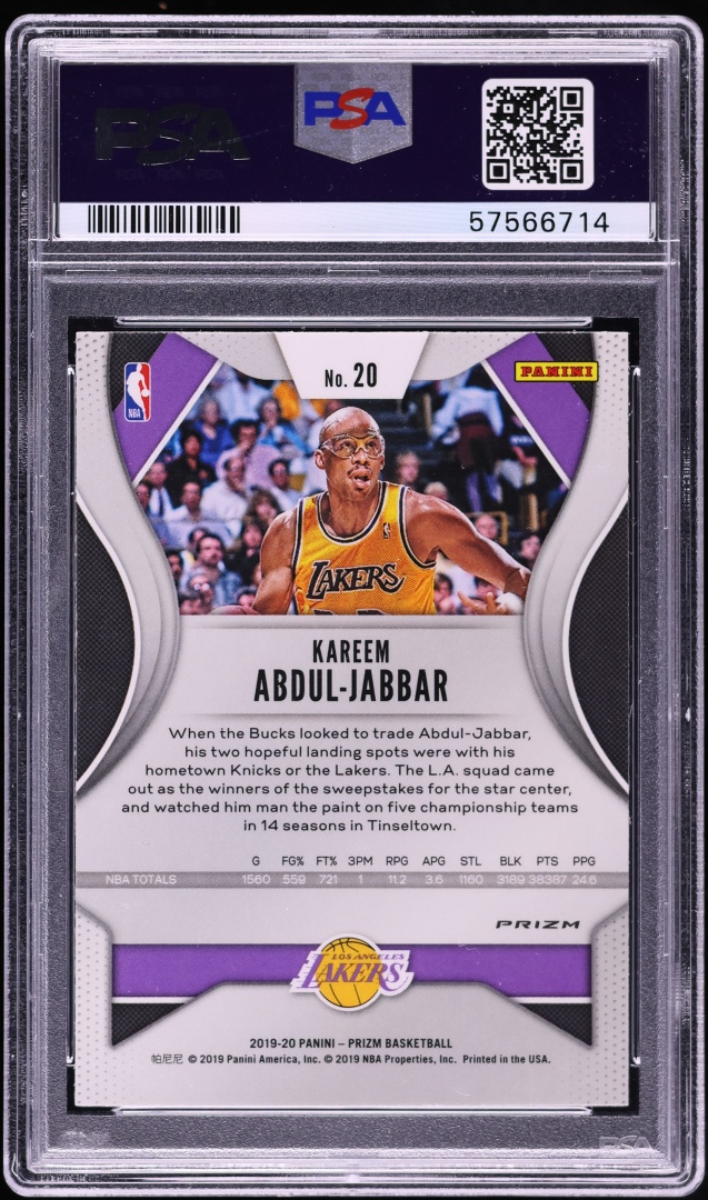 2019 Panini Prizm Choice Tiger Stripe Kareem Abdul-Jabbar #20 PSA 10 GEM MINT