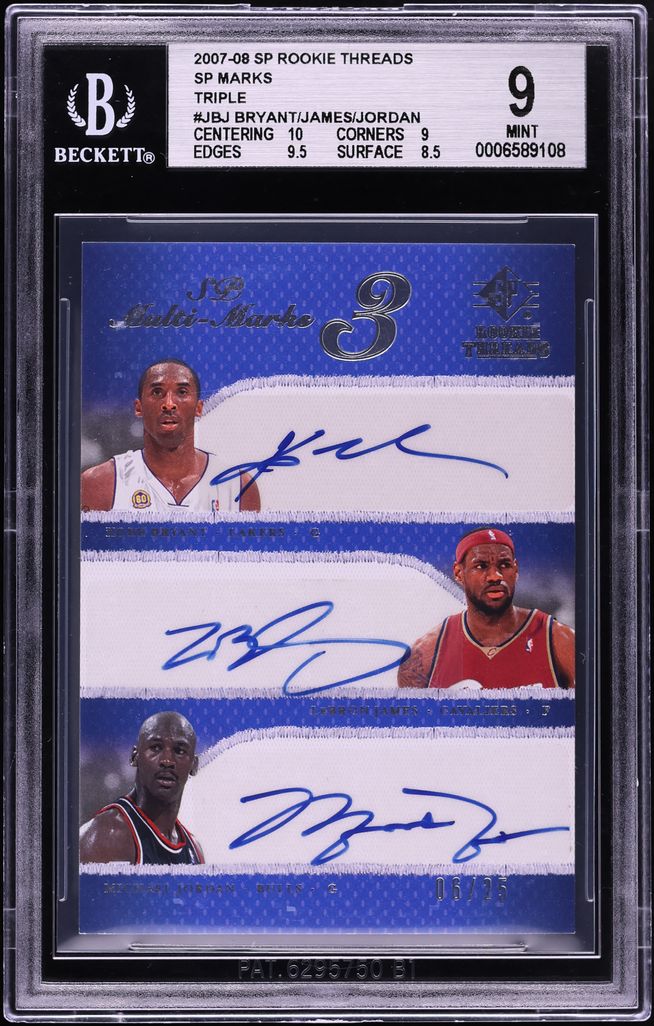 2007 SP Rookie Threads Kobe Bryant LeBron James & Michael Jordan AUTO 6/25 #JBJ BGS 9 MINT