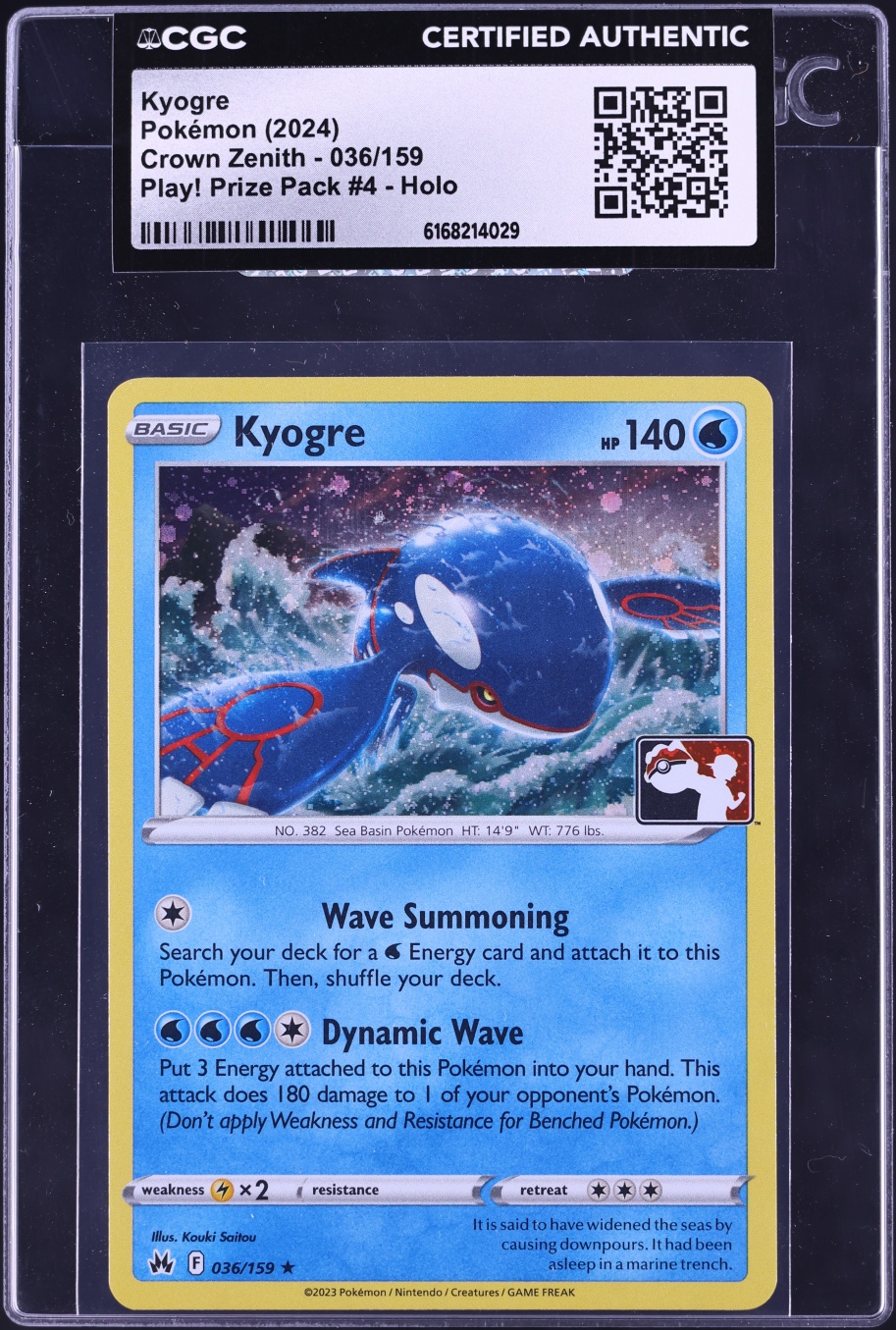 2024 Pokemon Sword & Shield Crown Zenith Play! Prize Pack 4 Holo Kyogre #36 CGC AUTH