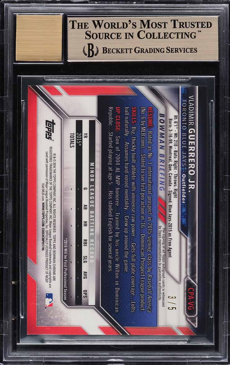 2016 Bowman Chrome Red Refractor Vladimir Guerrero Jr. ROOKIE AUTO /5 BGS 10