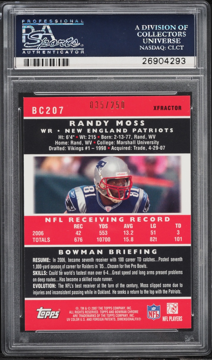 2007 Bowman Chrome Xfractor Randy Moss /250 #BC207 PSA 10 GEM MINT