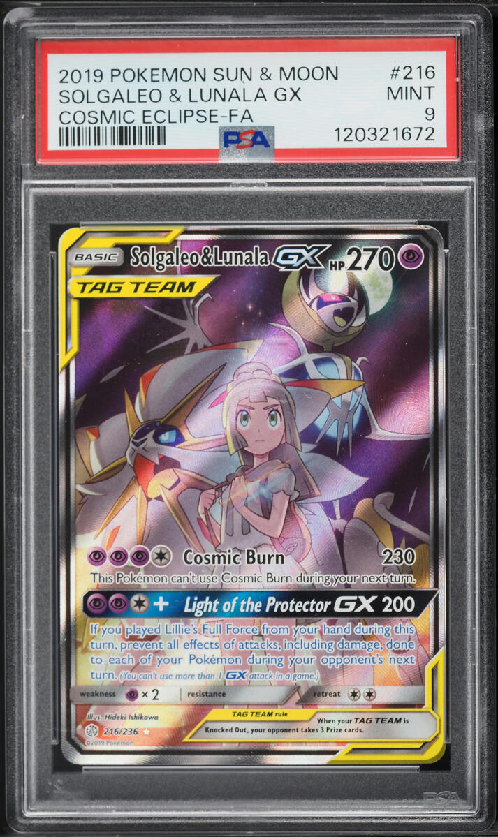 2019 Pokemon Sun & Moon Cosmic Eclipse Full Art Solgaleo & Lunala GX #216 PSA 9 MINT