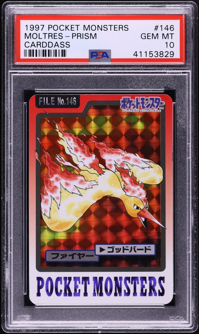 1997 Pokemon Japanese Pocket Monsters Carddass Prism Moltres #146 PSA 10 GEM