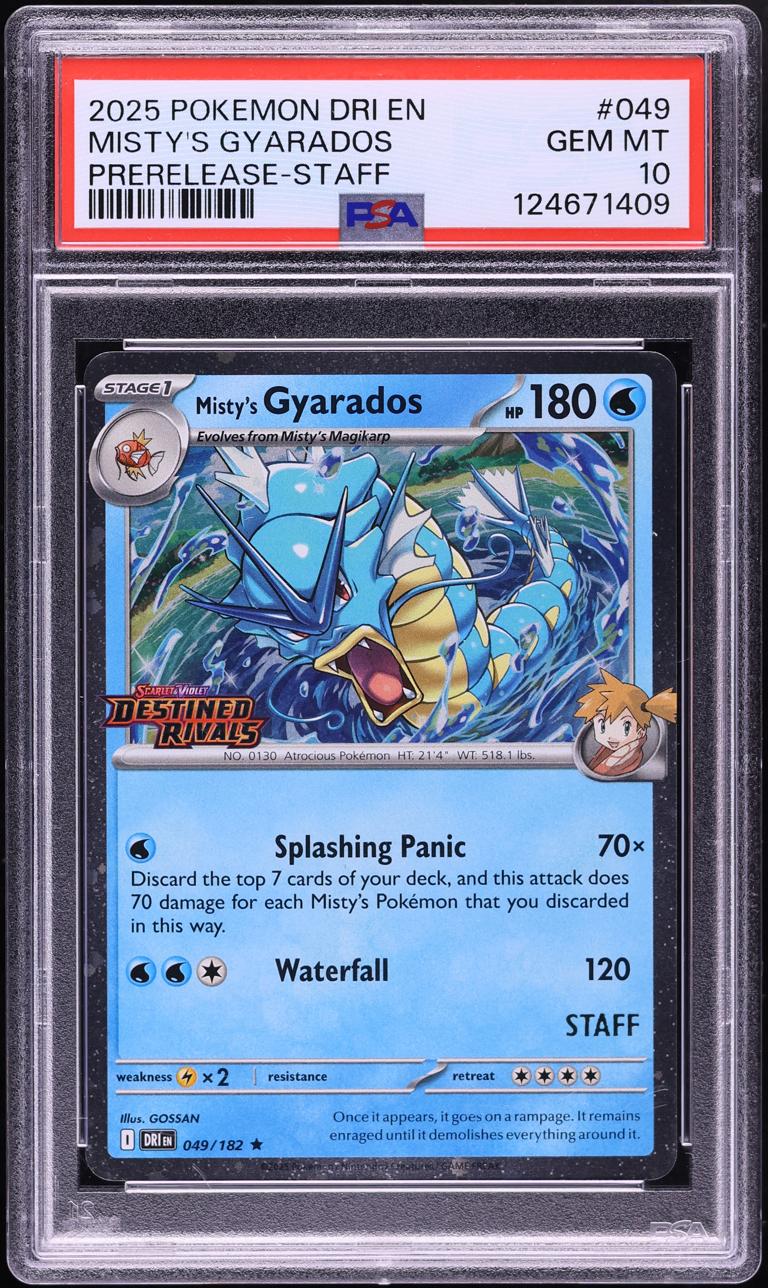 2025 Pokemon Scarlet & Violet Destined Rivals Prerelease Staff Misty's Gyarados #49 PSA 10 GEM