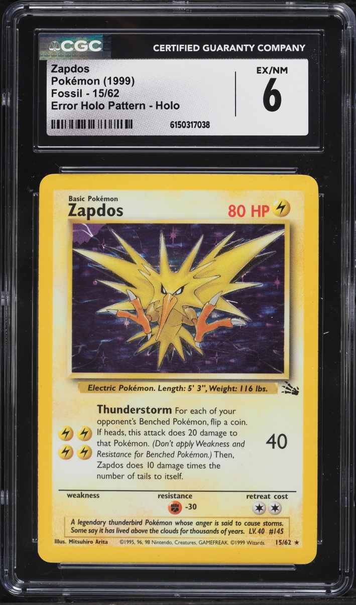 1999 Pokemon Fossil Error Pattern Holo Zapdos #15 CGC 6 EXMT