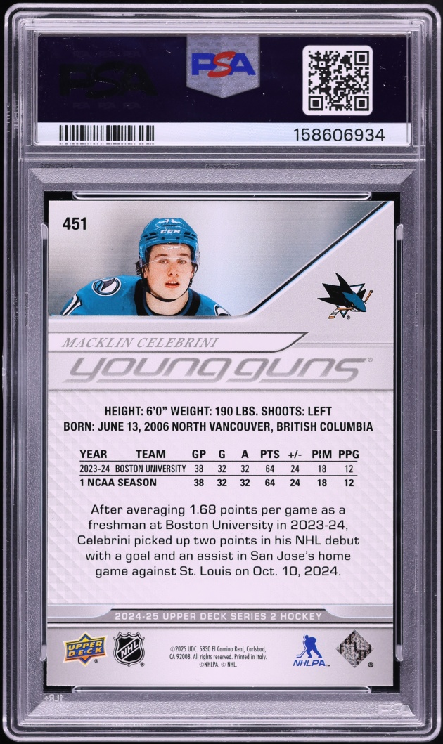 2024 Upper Deck Young Guns Macklin Celebrini ROOKIE #451 PSA 10 GEM MINT