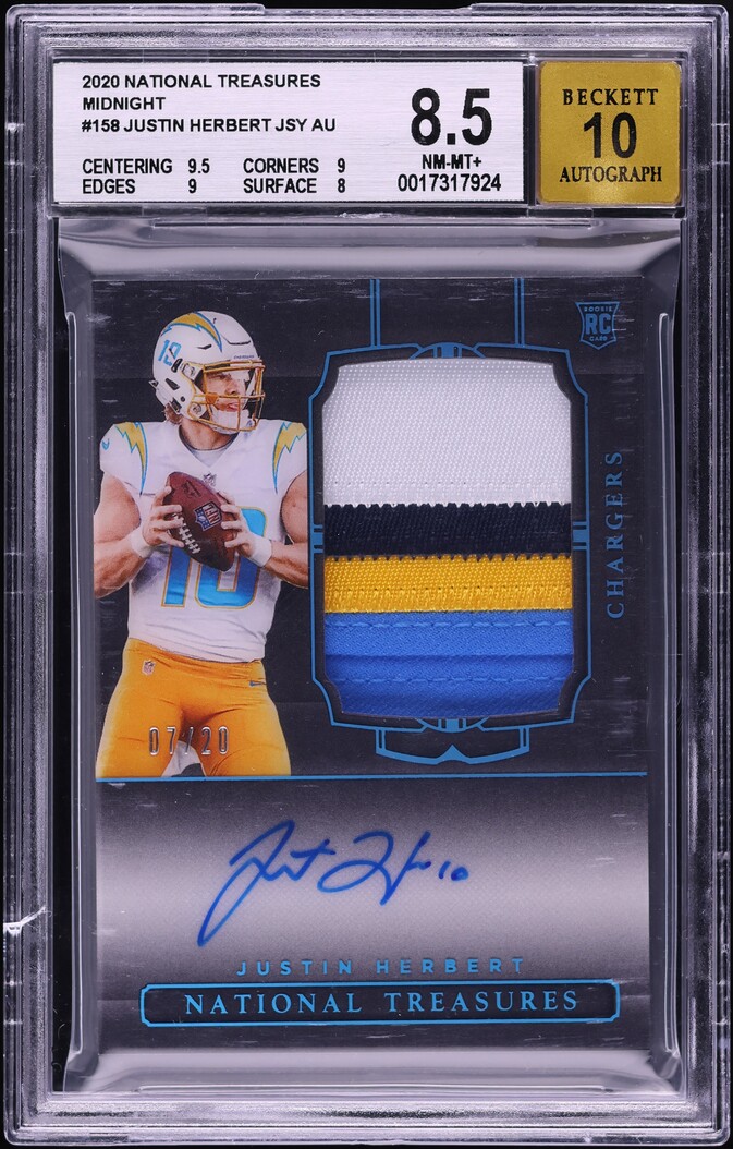 2020 National Treasures Midnight Justin Herbert ROOKIE PATCH AUTO /20 #158 BGS 8.5 NM-MT+