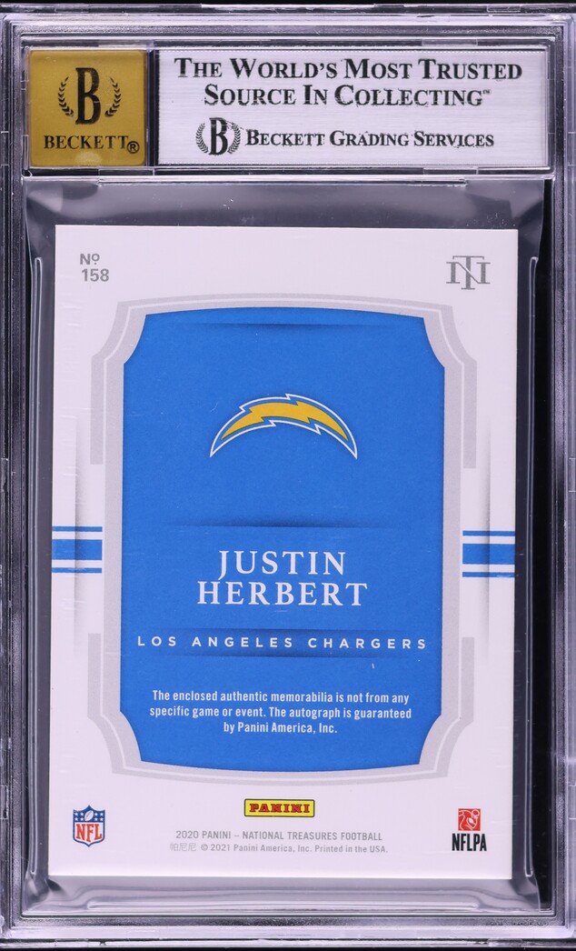 2020 National Treasures Midnight Justin Herbert ROOKIE PATCH AUTO /20 #158 BGS 8.5 NM-MT+