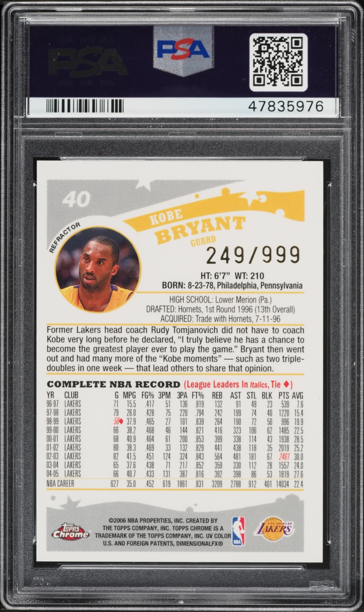 2005 Topps Chrome Refractor Kobe Bryant /999 #40 PSA 9 MINT