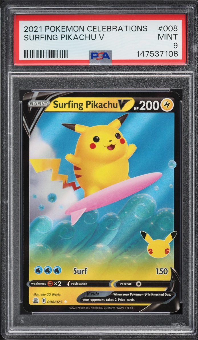 2021 Pokemon Sword & Shield Celebrations Holo Surfing Pikachu V #8 PSA 9 MINT