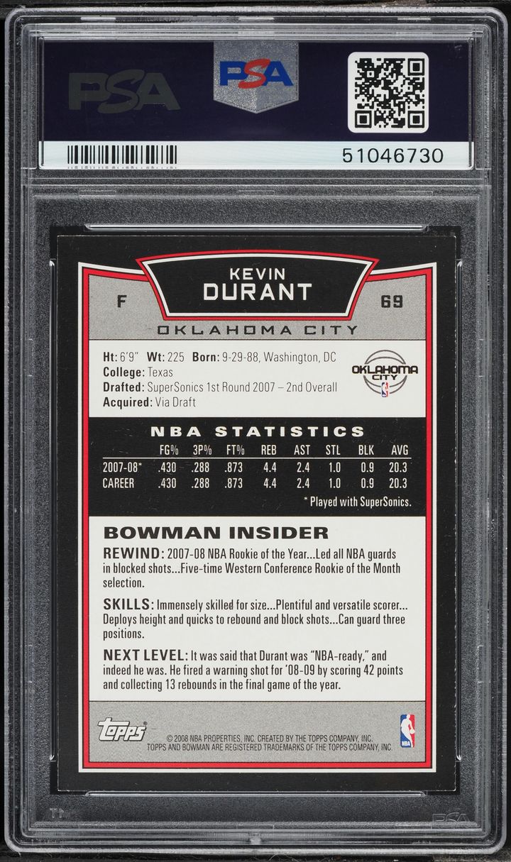 2008 Bowman Basketball Kevin Durant #69 PSA 8 NM-MT
