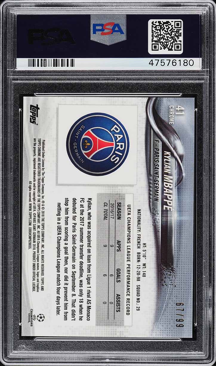 2017 Topps Chrome UEFA Champions Green Refractor Kylian Mbappe RC /99 #41 PSA 10