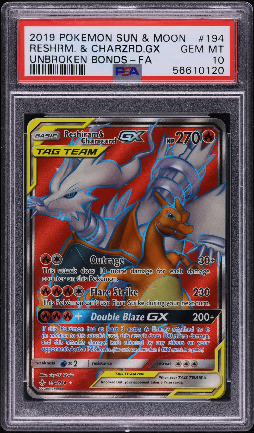 2019 Pokemon SM Unbroken Bonds Full Art Reshiram & Charizard GX #194 PSA 10 GEM