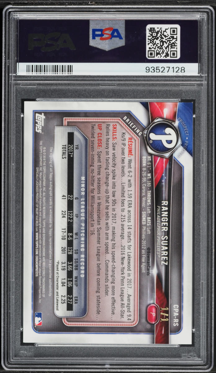2018 Bowman Chrome Superfractor Ranger Suarez ROOKIE AUTO DNA 10 1/1 #CPA-RS PSA 10 GEM MINT