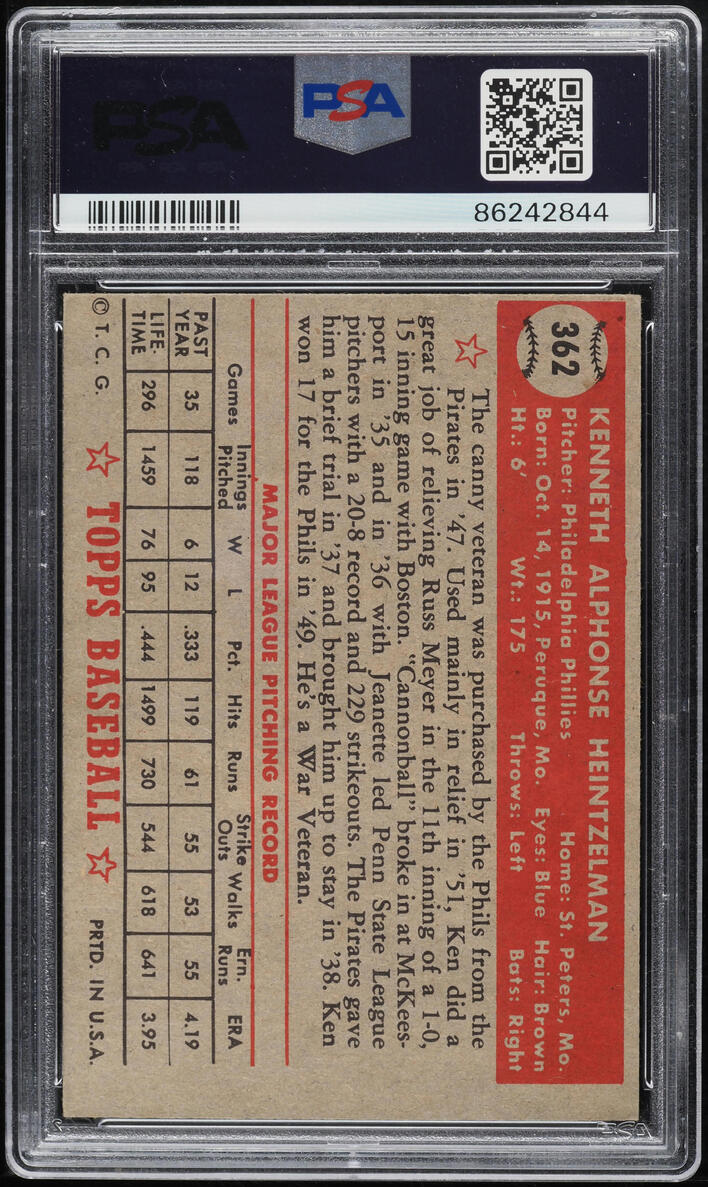 1952 Topps Ken Heintzelman #362 PSA 4.5 VGEX+