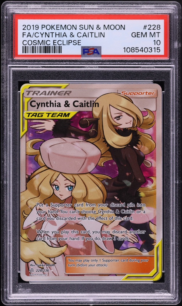 2019 Pokemon Sun & Moon Cosmic Eclipse Full Art Cynthia & Caitlin #228 PSA 10 GEM MINT