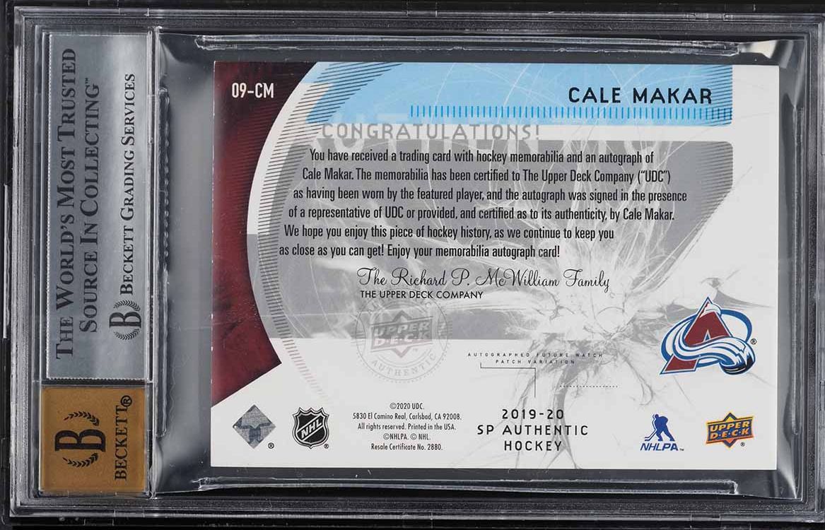2019 SP Authentic '09 Retro Future Watch Cale Makar ROOKIE PATCH AUTO /50 BGS 9 MINT
