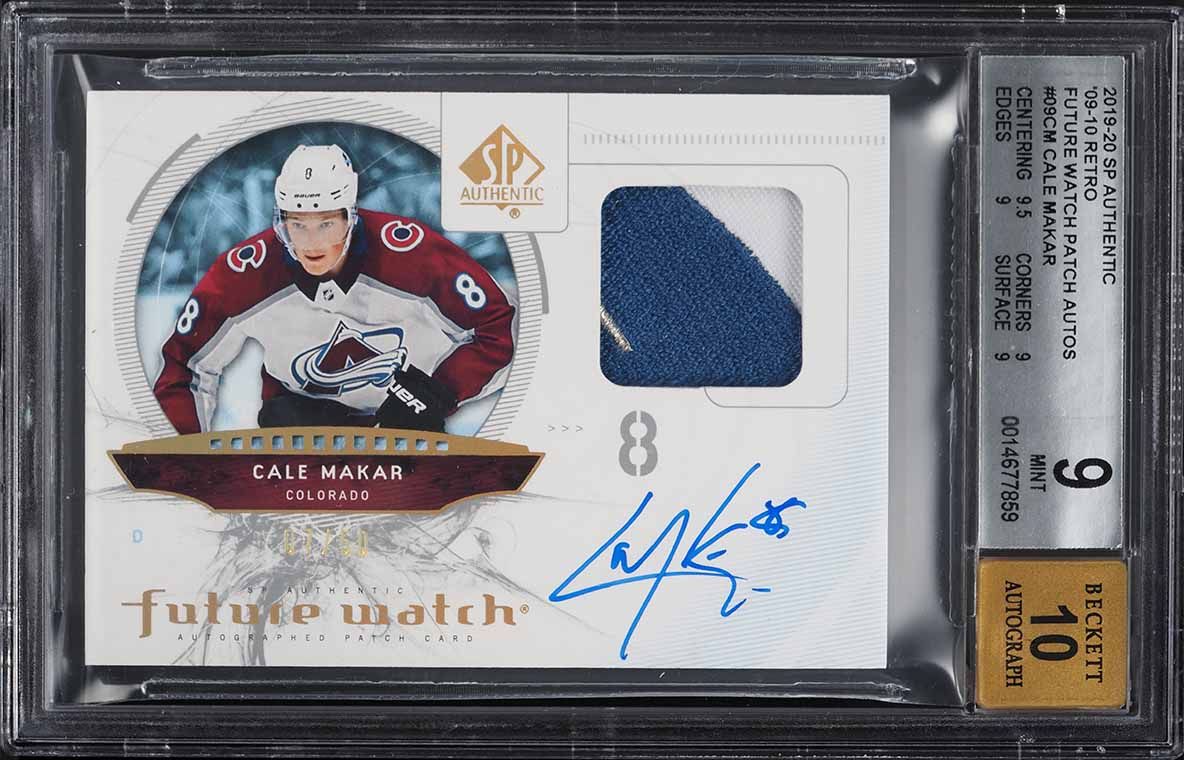 2019 SP Authentic '09 Retro Future Watch Cale Makar ROOKIE PATCH AUTO /50 BGS 9 MINT