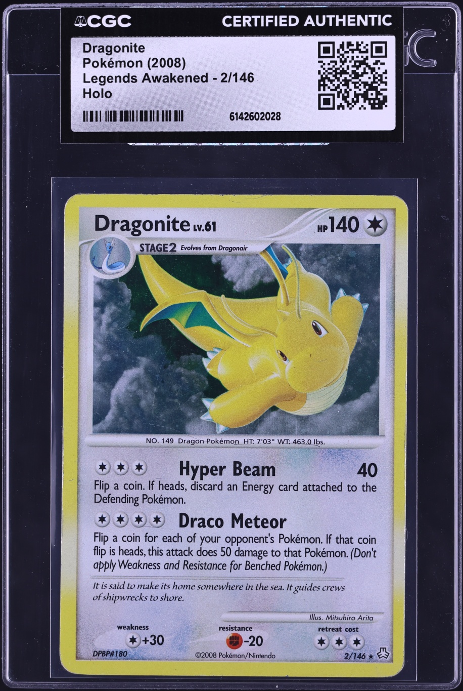 2008 Pokemon Diamond & Pearl Legends Awakened Holo Dragonite #2 CGC AUTH
