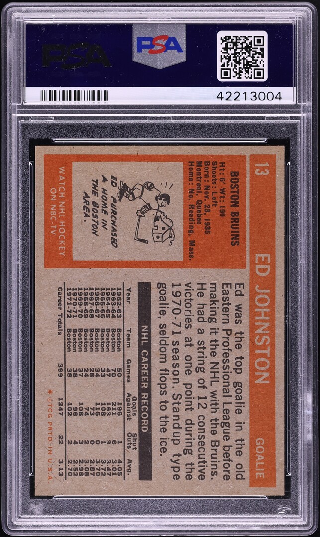 1972 Topps Hockey Ed Johnston #13 PSA 10 GEM MINT