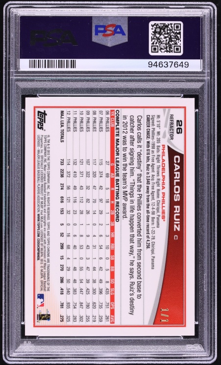 2013 Topps Chrome Superfractor Carlos Ruiz 1/1 #26 PSA 9 MINT