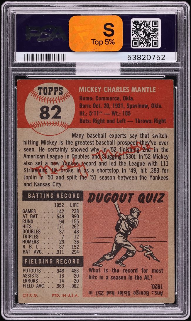 1953 Topps Mickey Mantle SHORT PRINT #82 MBA PSA 4 VGEX