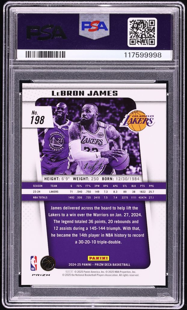 2024 Panini Prizm Deca Black LeBron James 1/1 #198 PSA 9 MINT on