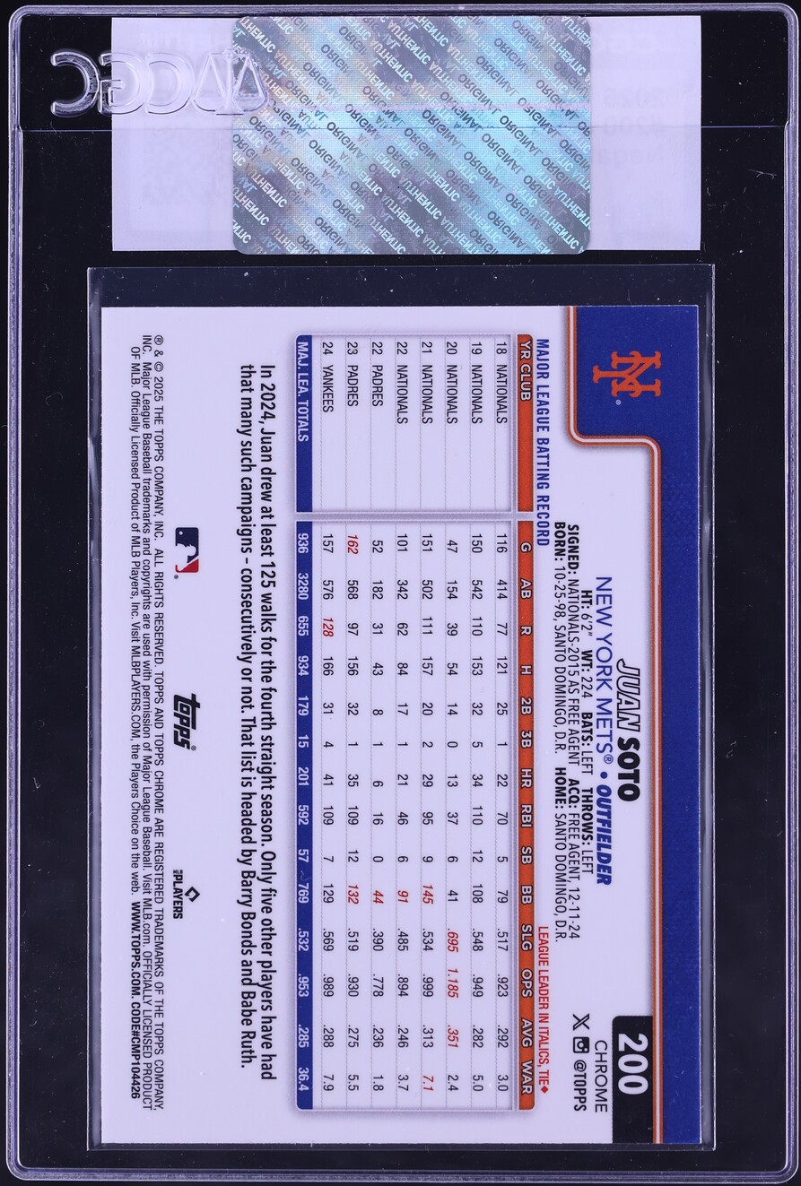2025 Topps Chrome Negative Refractor Juan Soto #200 CGC AUTH