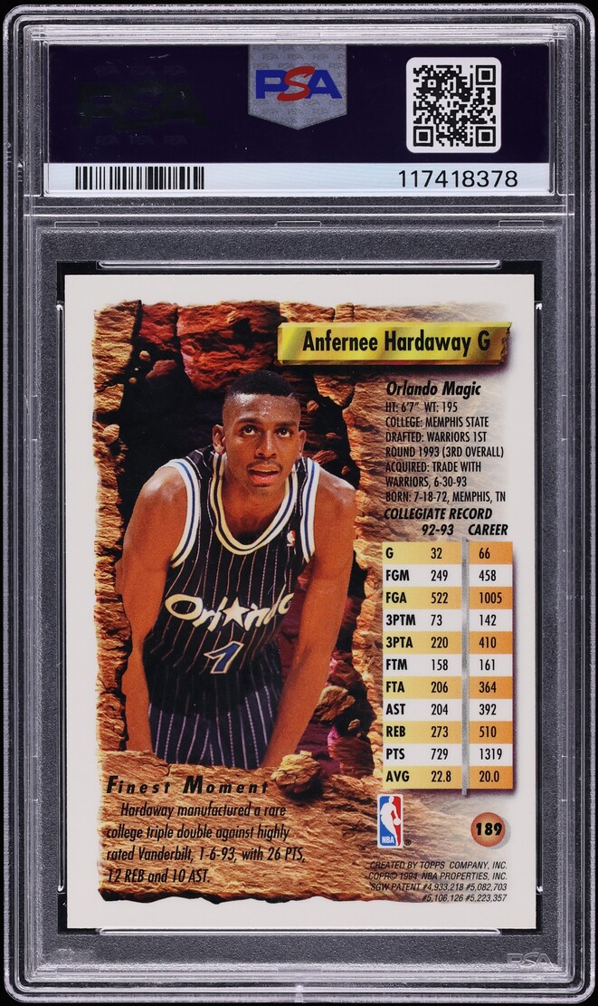 1993 Finest Refractor Anfernee Hardaway ROOKIE #189 PSA 8 NM-MT