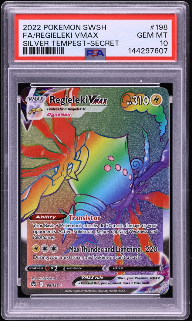 2022 Pokemon Sword & Shield Silver Tempest Rainbow Rare Regieleki VMAX #198 PSA 10 GEM MINT