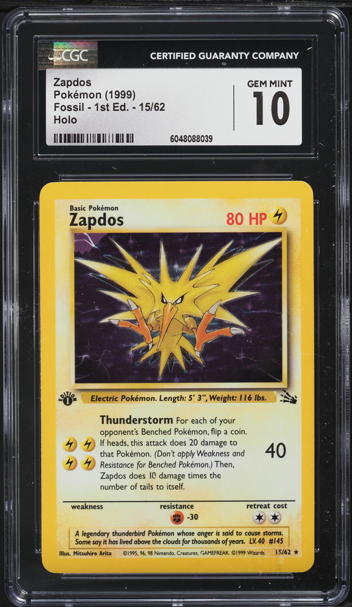 1999 Pokemon Fossil 1st Edition Holo Zapdos #15 CGC 10 GEM MINT