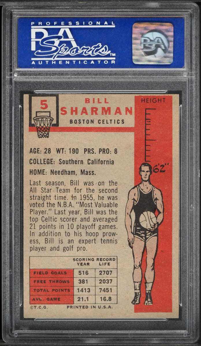 1957 Topps Basketball Bill Sharman ROOKIE #5 PSA 8(oc) NM-MT