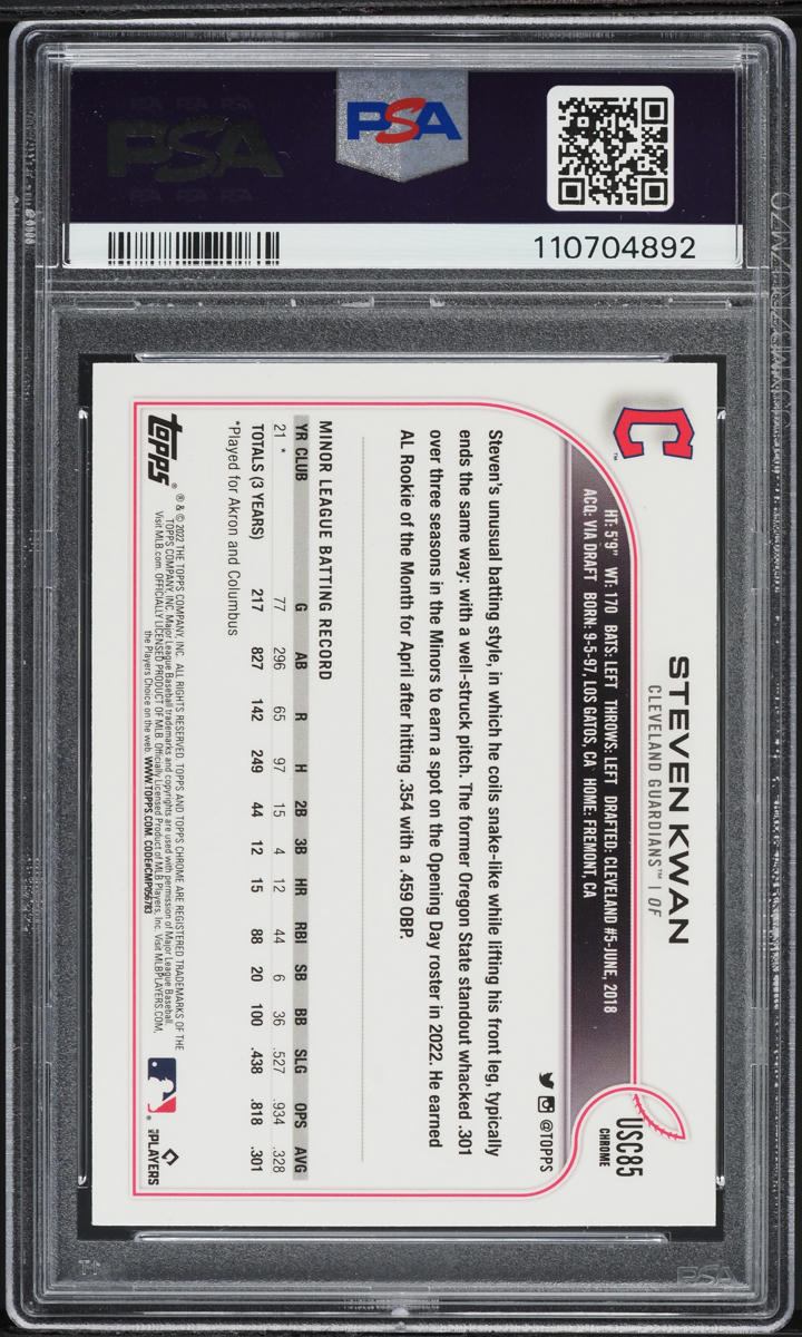 2022 Topps Chrome Update Purple Refractor Steven Kwan ROOKIE #USC85 PSA 9 MINT