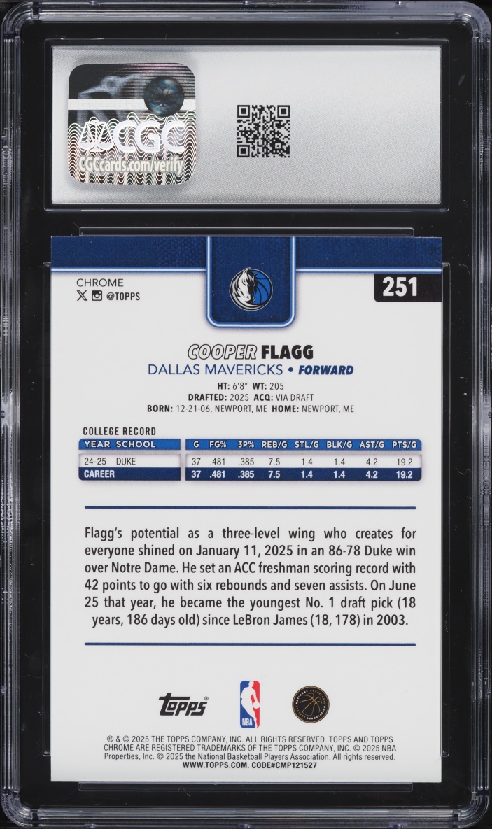 2025 Topps Chrome Cooper Flagg ROOKIE #251 CGC 7 NRMT