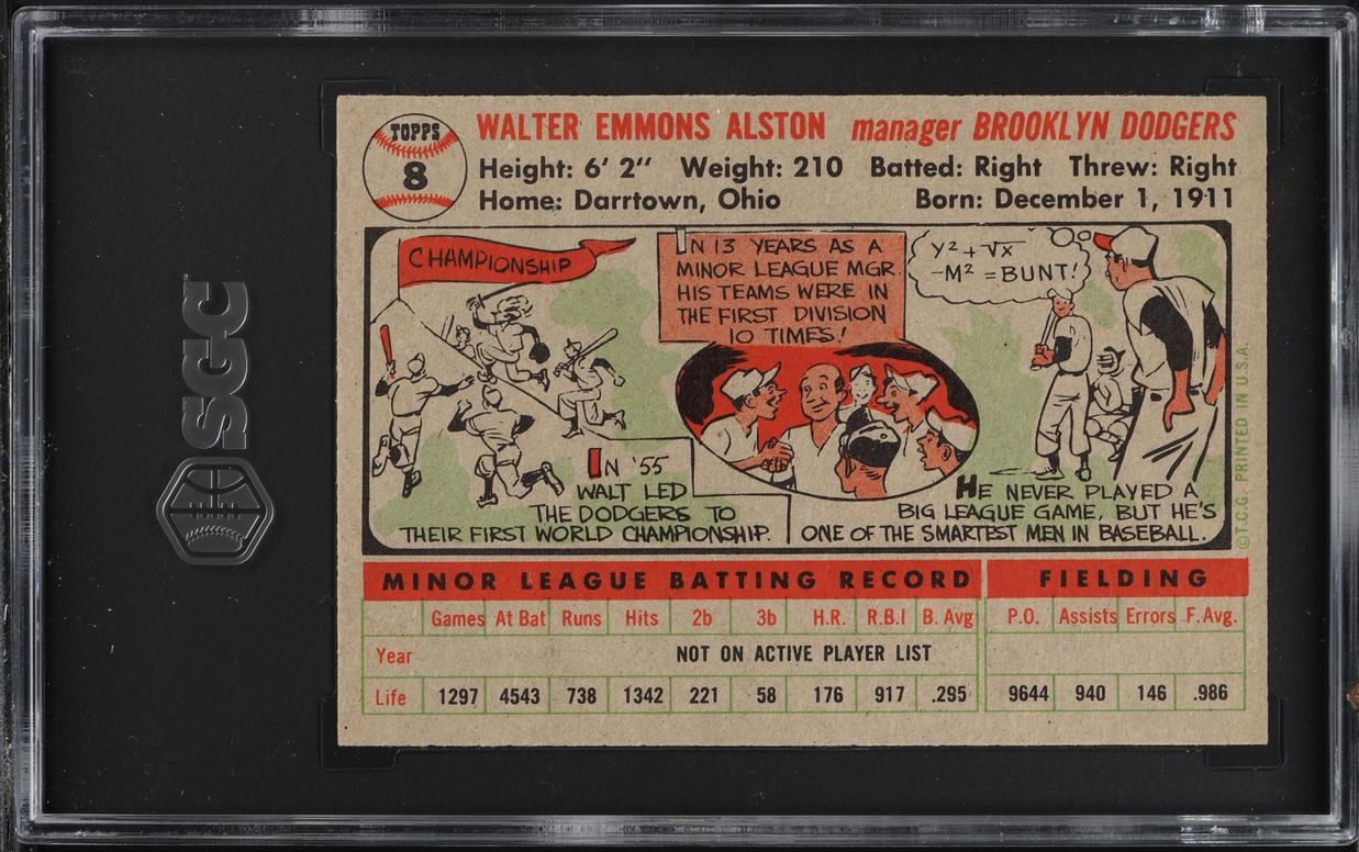 1956 Topps Walter Alston GRAY BACK #8 SGC 2.5 GD+