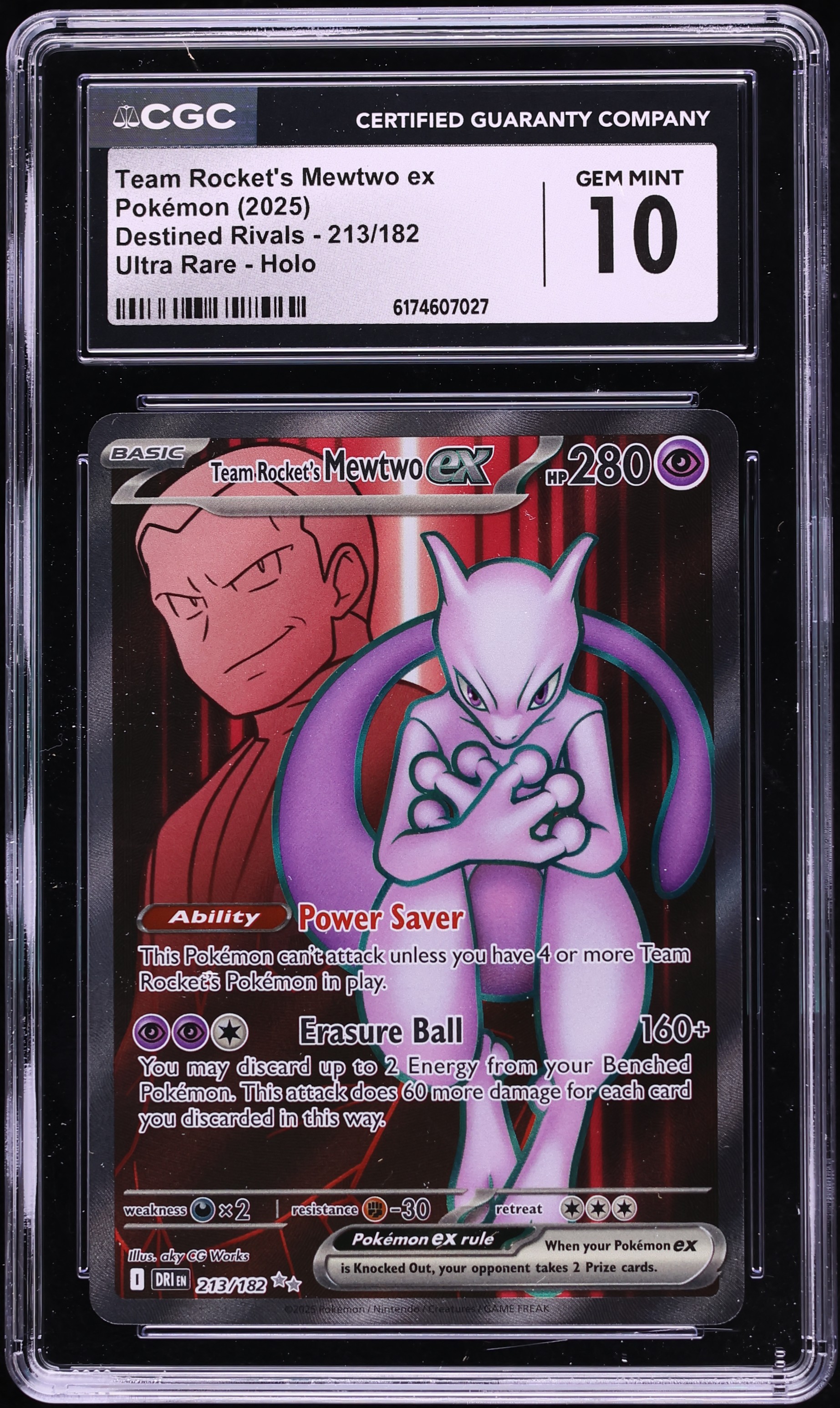 2025 Pokemon Scarlet & Violet Destined Rivals Full Art Team Rocket's Mewtwo EX #213 CGC 10 GEM