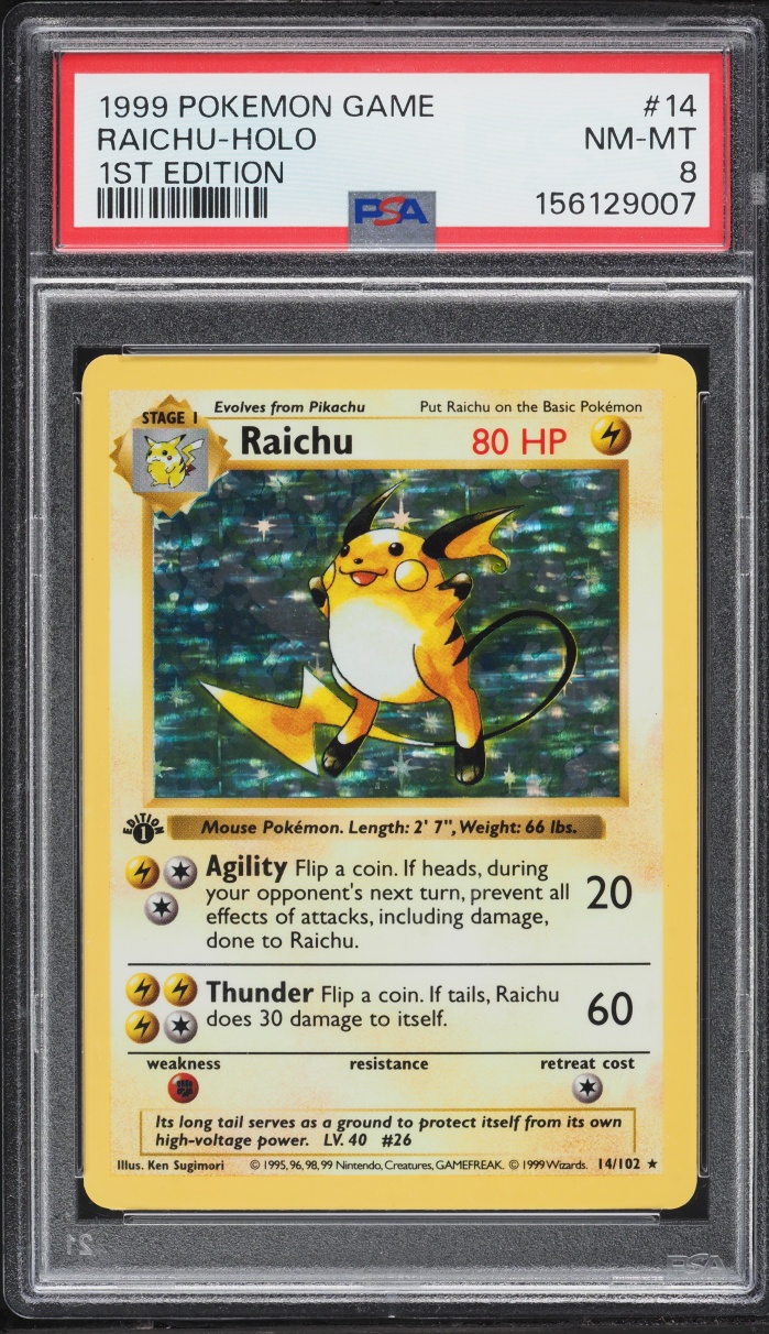1999 Pokemon Base Set Shadowless 1st Edition Holo Raichu #14 PSA 8 NM-MT