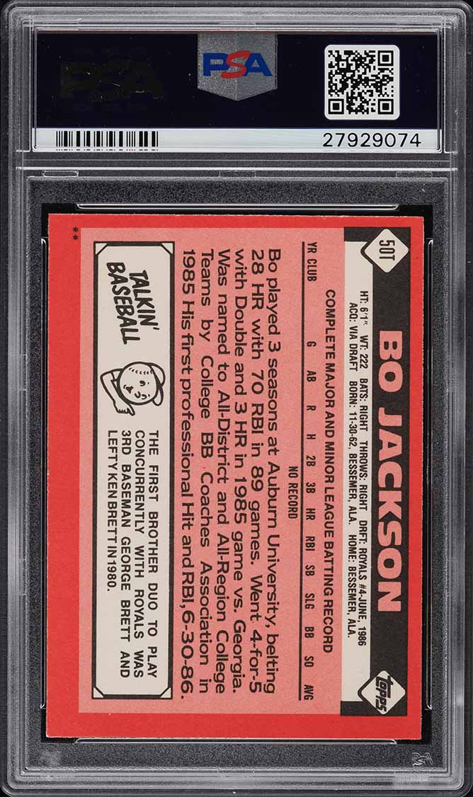 1986 Topps Traded Bo Jackson ROOKIE #50T PSA 9 MINT