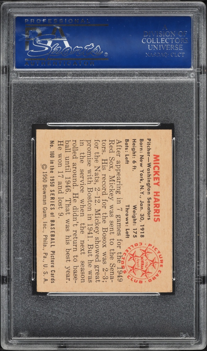 1950 Bowman Mickey Harris #160 PSA 7 NRMT