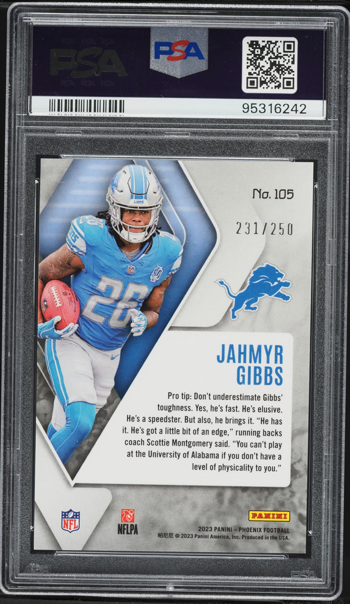 2023 Panini Phoenix Red Jahmyr Gibbs ROOKIE /250 #105 PSA 10 GEM MINT