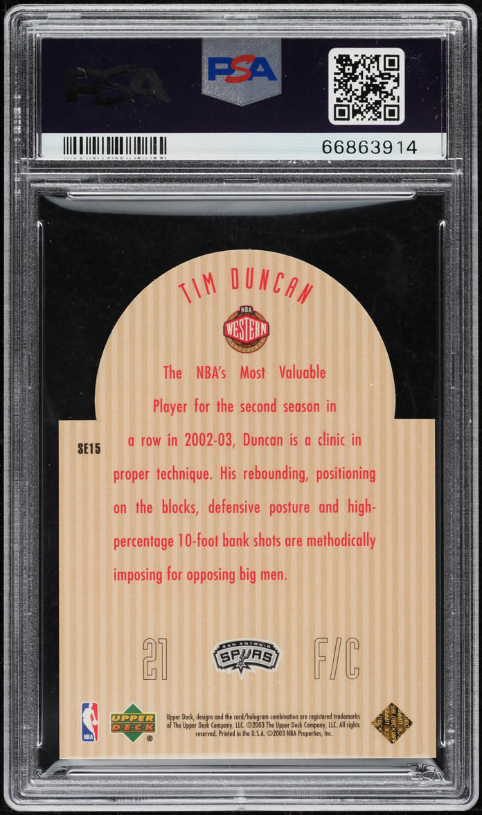 2003 Upper Deck SE All-Stars Black Die-Cut Tim Duncan /25 #SE15 PSA 8 NM-MT - Photo 2