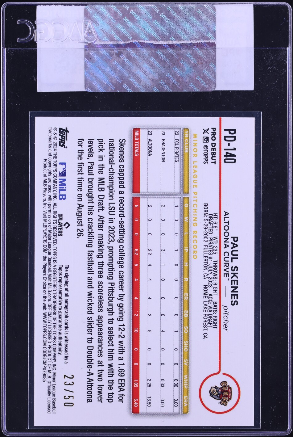 2024 Topps Pro Debut Gold Foil Paul Skenes ROOKIE AUTO /50 #PD-140 CGC AUTH