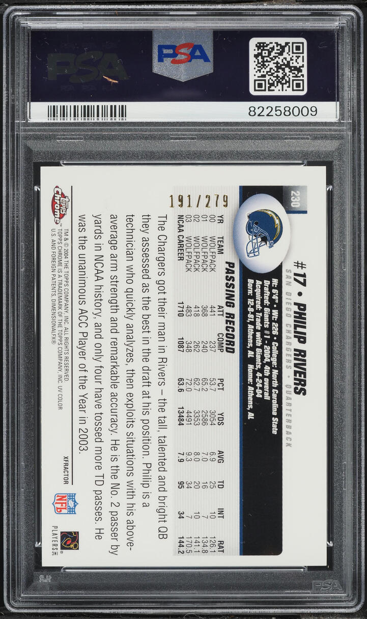2004 Topps Chrome Gold Xfractor Philip Rivers ROOKIE /279 #230 PSA 10 GEM MINT