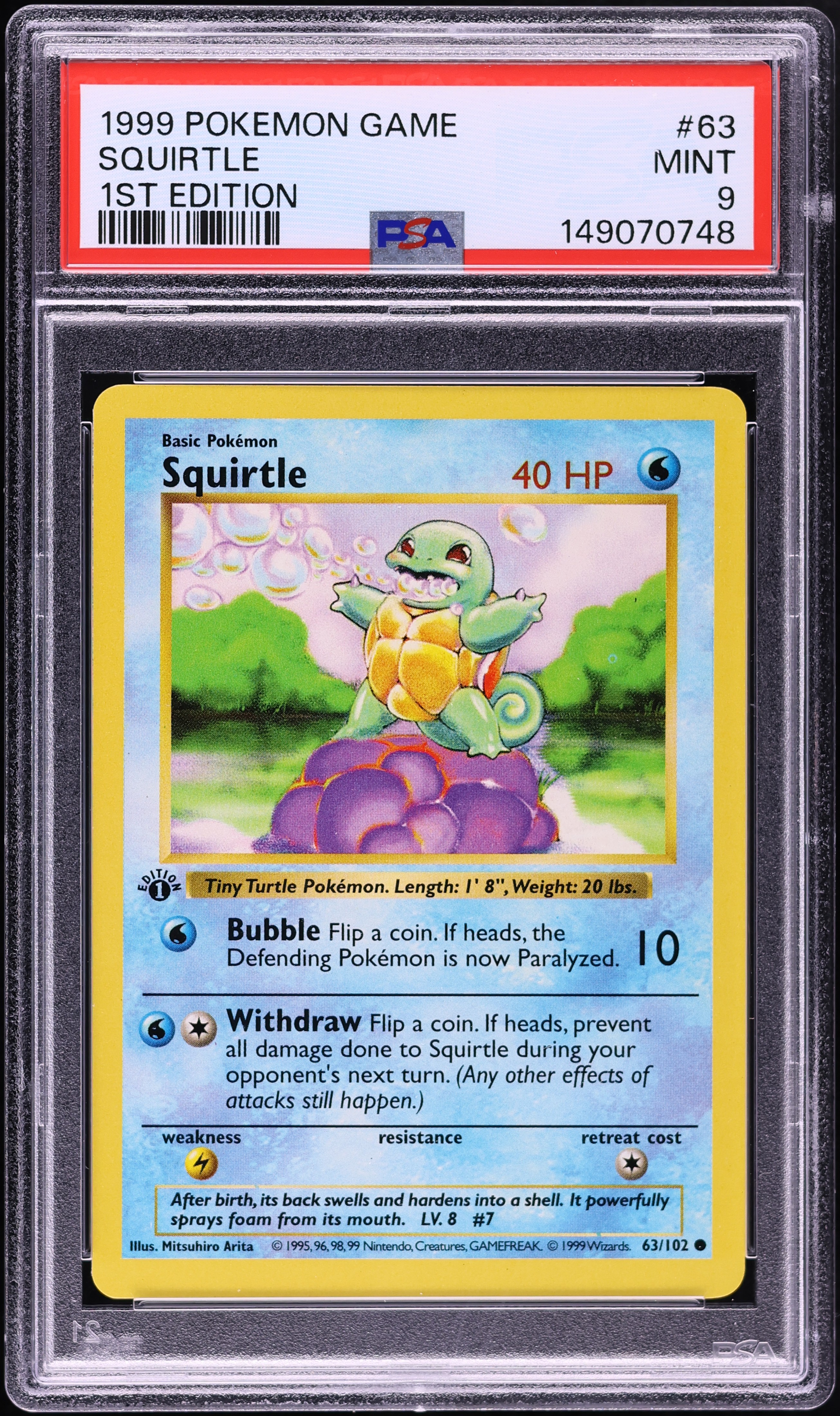 1999 Pokemon Base Set Shadowless 1st Edition Squirtle #63 PSA 9 MINT
