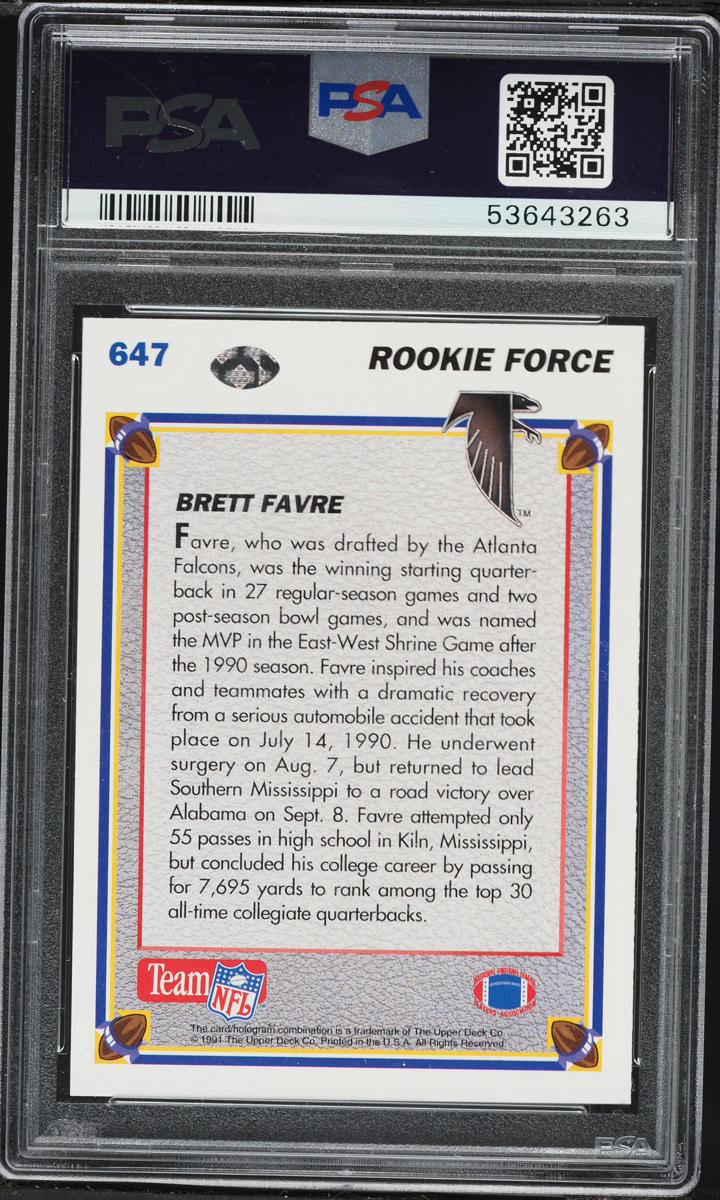 1991 Upper Deck Football Brett Favre ROOKIE #647 PSA 7 NRMT