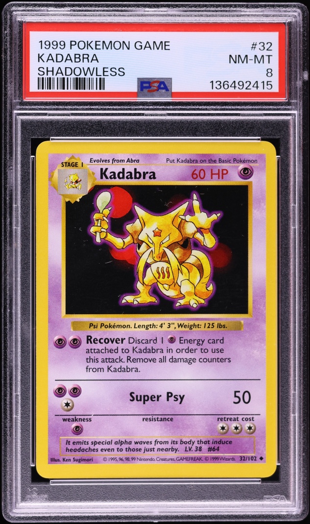 1999 Pokemon Base Set Shadowless Kadabra #32 PSA 8 NM-MT