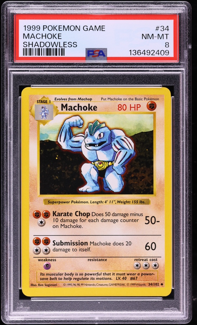 1999 Pokemon Base Set Shadowless Machoke #34 PSA 8 NM-MT