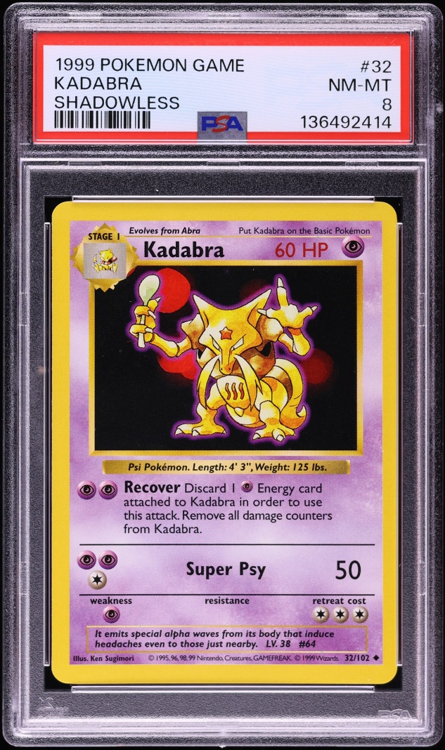 1999 Pokemon Base Set Shadowless Kadabra #32 PSA 8 NM-MT